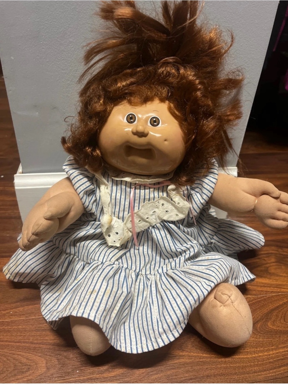 Soft Brown-Haired Rag Doll in Blue Striped Dress